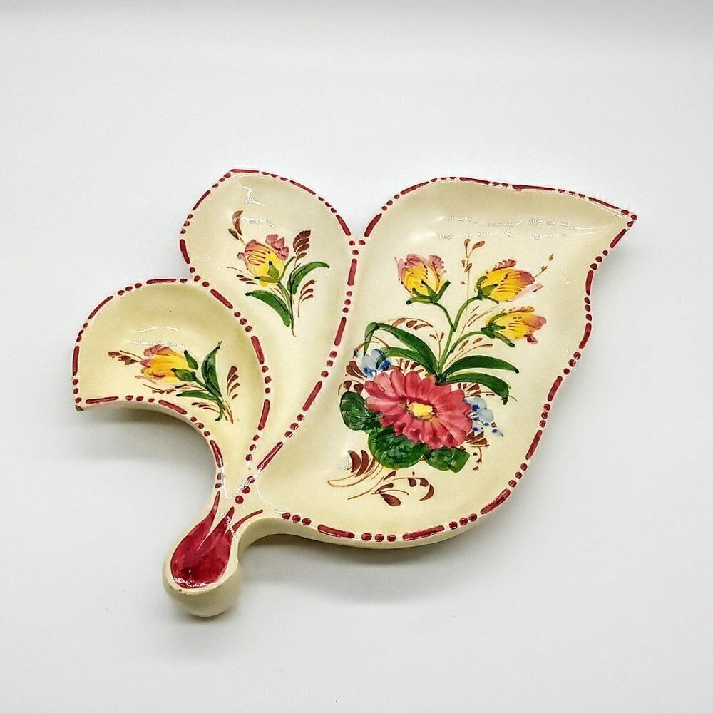 Vintage Italian Hand-Painted Floral Divided Ceramic Footed Dish